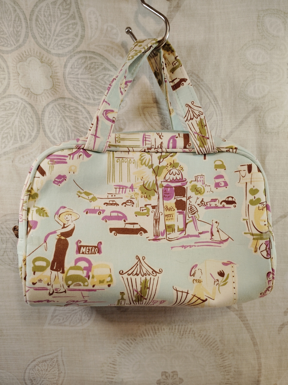 Pastel Paris Print Carry /Cosmetic Bag /- Light Mint Green& Purple Accents